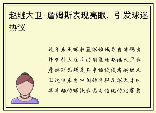 赵继大卫-詹姆斯表现亮眼，引发球迷热议