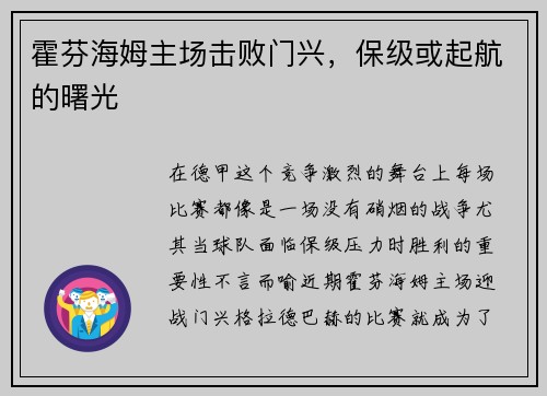 霍芬海姆主场击败门兴，保级或起航的曙光